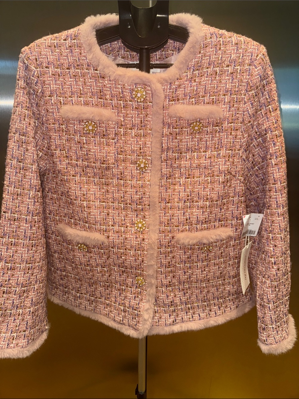Women's Pink Tweed Jacket with Fur Trim